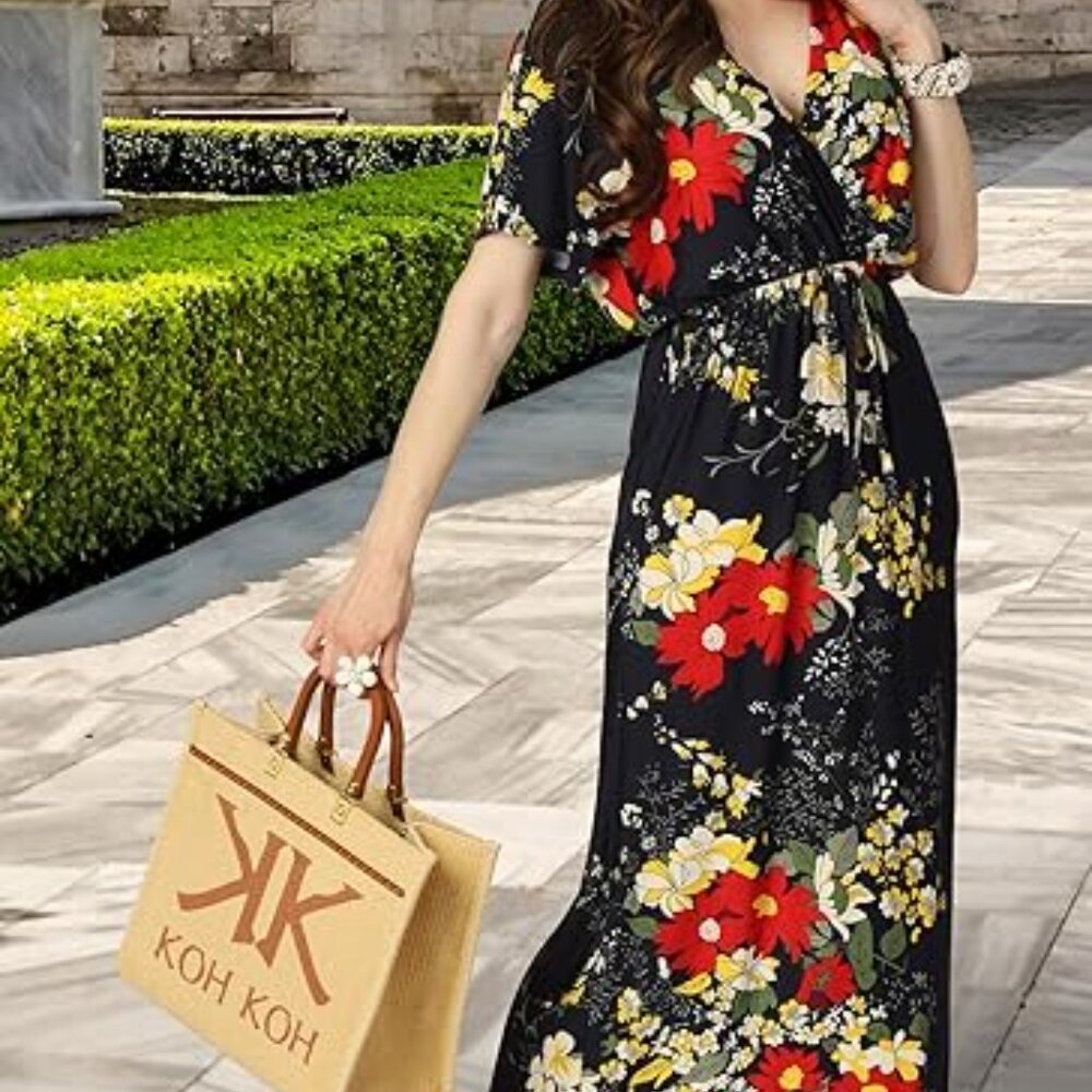 Koh Koh Black Floral Maxi Dress with Red & Cream Blooms